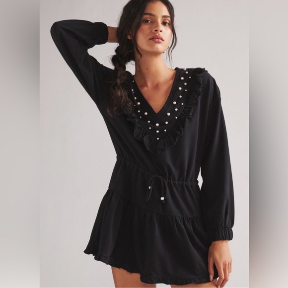 NWT Sundays Gemma Black Ruffle Mini Dress with Pearl Accents, Elastic Waist, XL - Picture 1 of 16